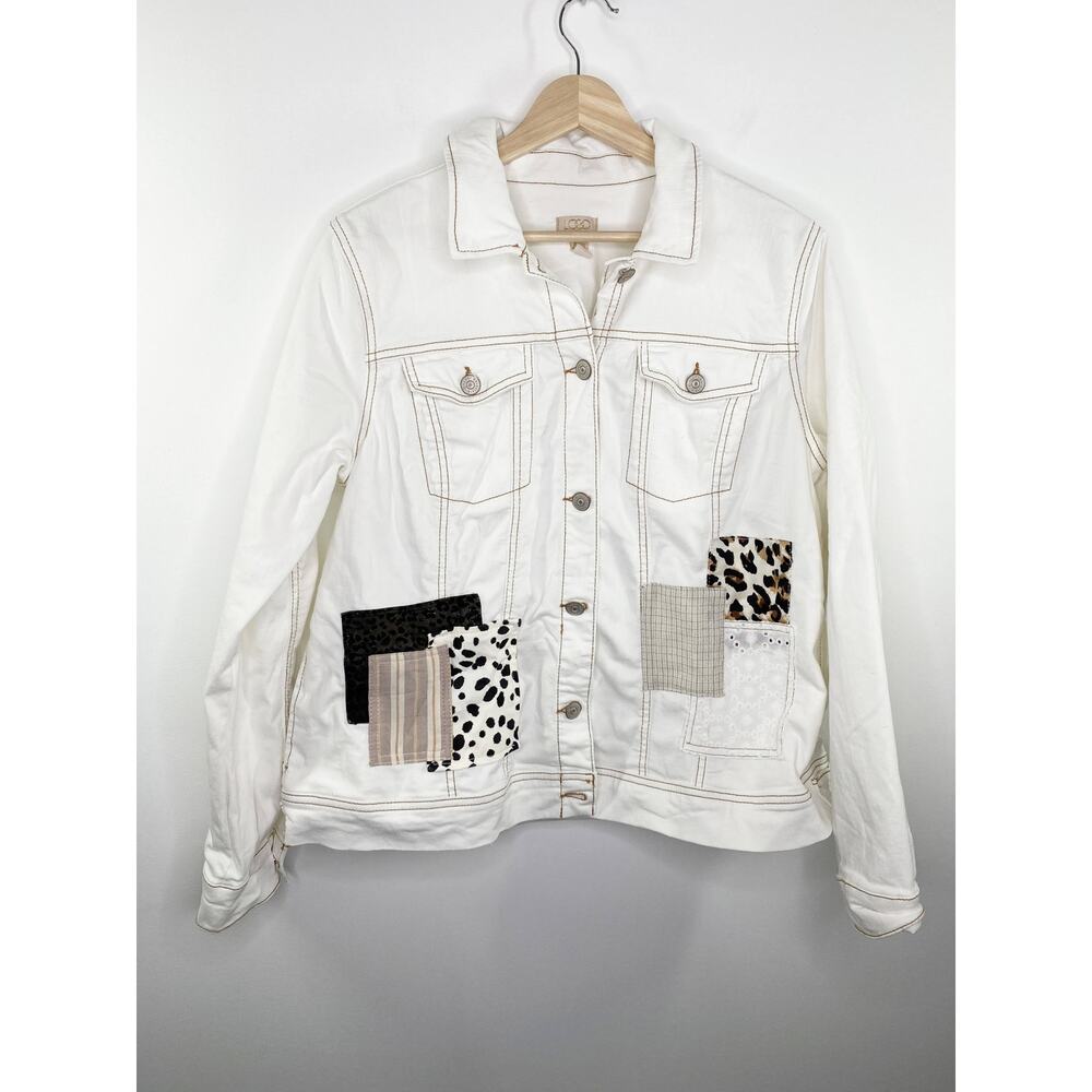 LOGO Lori Goldstein White Denim Patchwork‎ Button Front Jacket Women's Size 10